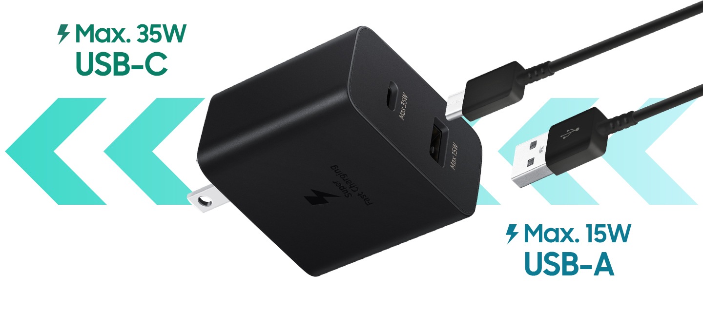 El adaptador de corriente Duo de 35 W apela a sus puertos duales con los cables USB-C y A que se acercan.  Los textos en negrita en la parte superior izquierda e inferior derecha enfatizan la potencia máxima para USB-C y USB-A, que son 35W y 15W respectivamente.