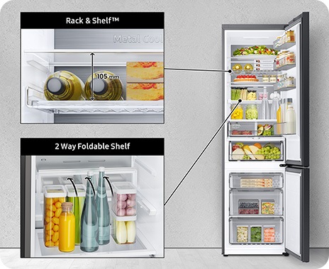 Wine is inserted into the 105 mm high Rack & Shelf™. Long bottles are placed on the 2 Way Foldable Shelf with an arrow drawn inside the RB7300. The RB7300 is open, and the Rack & Shelf™ and 2 Way Foldable Shelf are indicated by arrows.