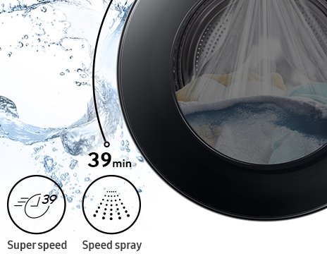 Towels and doll is in the drum and washing takes 39 minutes with the powerful speed spray.