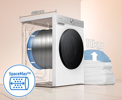 The depth of the washer drum is increased to 600mm, so it can hold up to 11kg of laundry, even a large duvet.