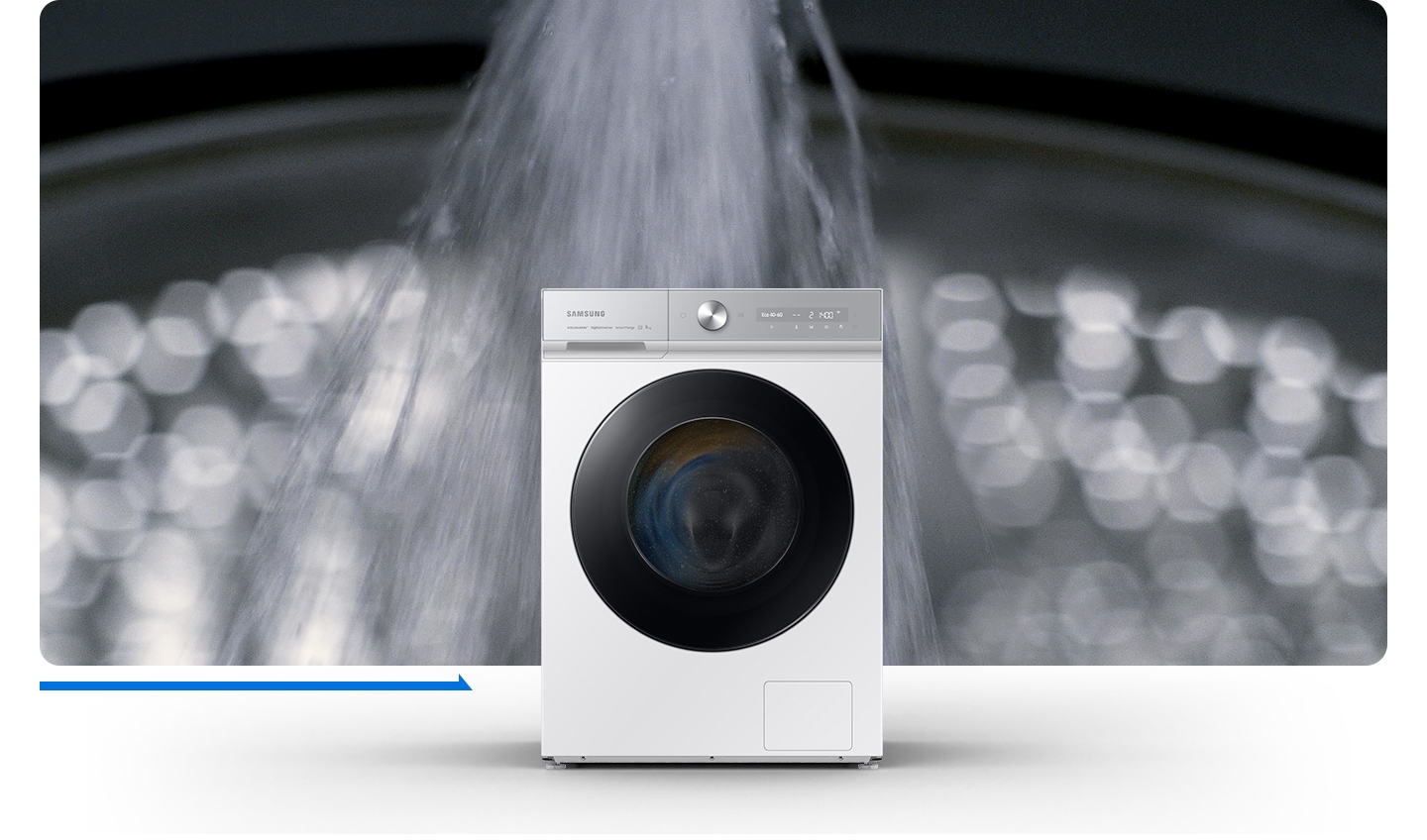 The powerful water is sprayed, bubbles are formed, and clothes are washed. The “50&#37" time saving” text appears on the top of the washing machine.