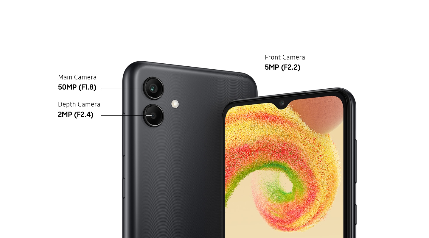 Two Galaxy A04 models, both in Black, show the rear side and front side of the device. On the left, the rear side of the device shows the 50MP F1.8 Main Camera, and 2MP F2.4 Depth Camera. On the right, the front side of the device shows the 5MP F2.2 Front Camera.