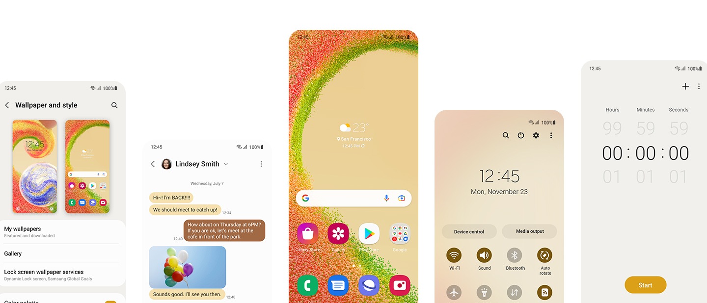 Fünf verschiedene Galaxy A04-Bildschirme zeigen eine angepasste Farbpalette und ein angepasstes Erscheinungsbild mithilfe von One UI 4.1. Von links nach rechts zeigen die Bildschirme: das Hintergrundbild- und Stilmenü in den Einstellungen, eine Textnachrichtenkonversation mit benutzerdefinierten orange und braun gefärbten Textblasen, einen angepassten Home-Bildschirm, ein angepasstes Schnelleinstellungsmenü und einen angepassten Timer-Bildschirm.