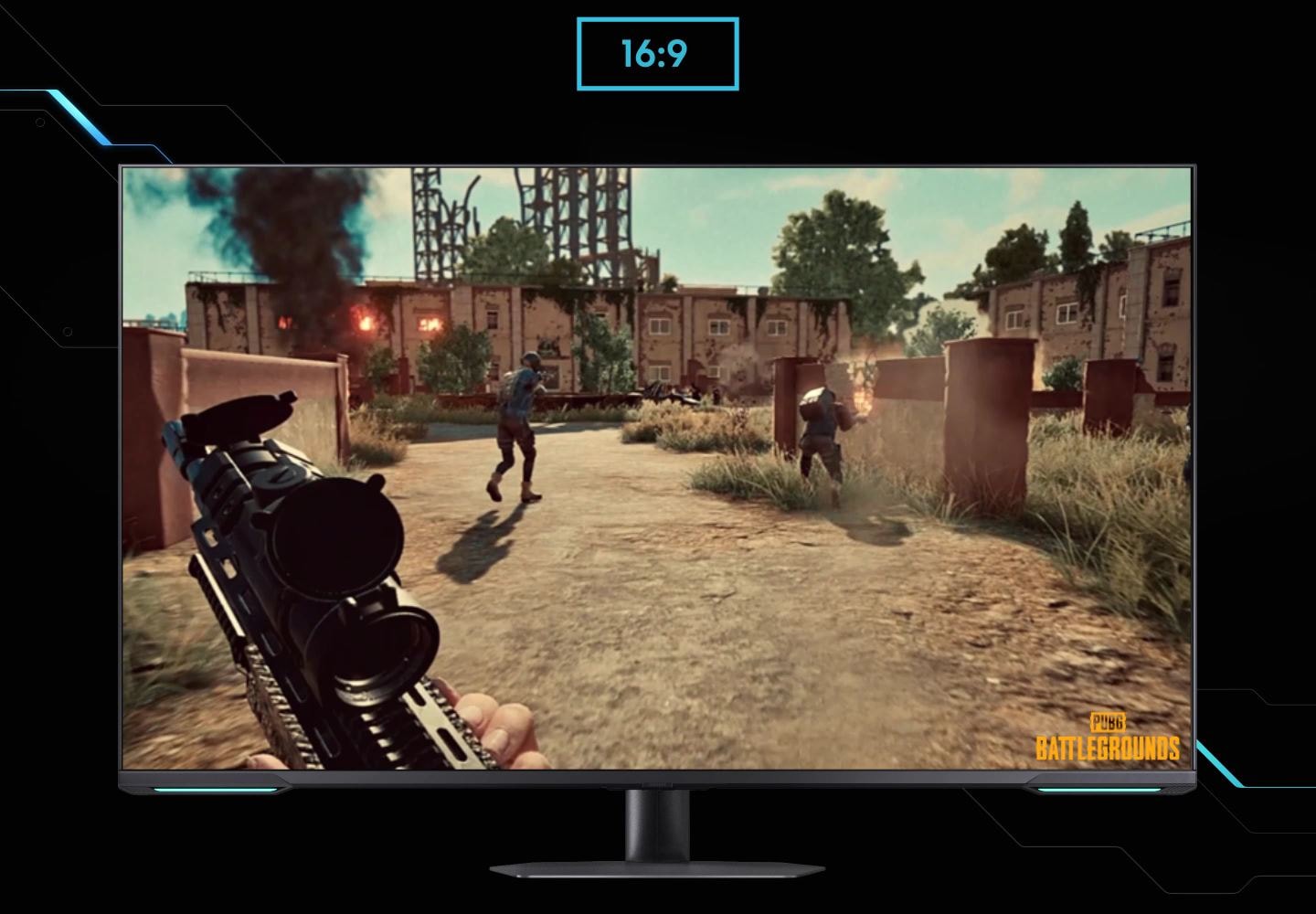 A monitor shows the viewpoint of a player within a shooting game. As the screen is extended from 16:9 to 21:9 ratio, an unseen enemy reveals in the left corner. \Battleground\ logo is shown on the right lower corner of the screen.