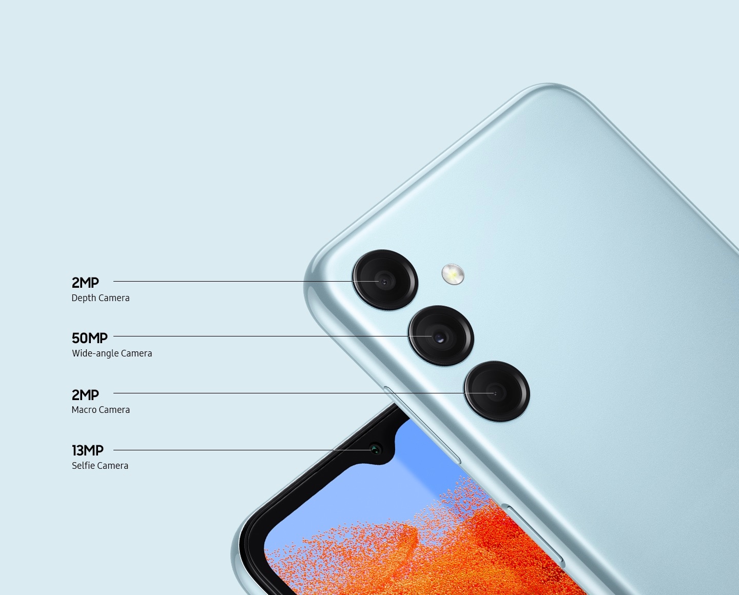 Two Galaxy M14 5G devices are stacked on top of each other to show the following cameras: 2MP Depth Camera, 50MP Wide-angle Camera, 2MP Macro Camera and the 13MP Selfie Camera.