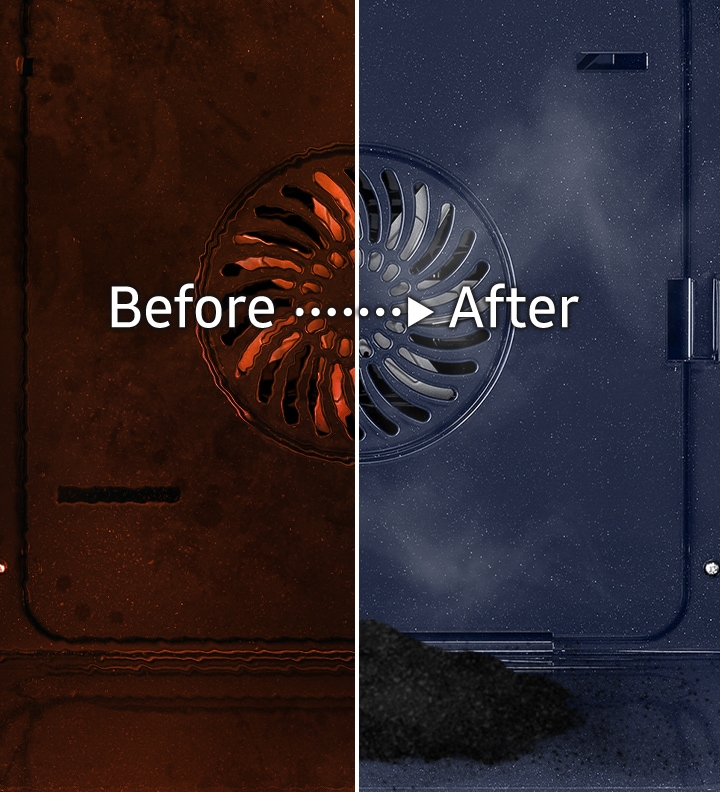 Shows the inside of the oven "before" and "after" cleaning using the Pyrolytic Cleaning system.