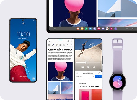 Galaxy Z Flip on the left has a wallpaper and digital clock widget. Next to it, Galaxy Z Fold's screen is split into three sections. Above it, Galaxy Tab's taskbar is shown. Galaxy Watch on the right has a watch face on.
