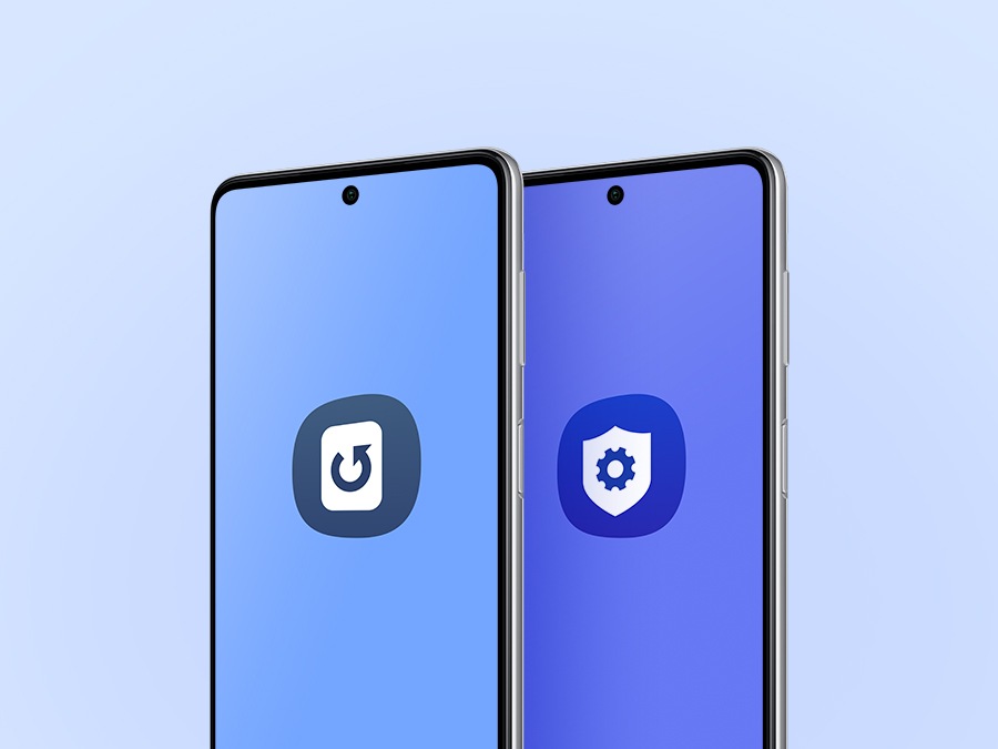 Two Galaxy M54 5Gs in Silver are side by side. On the screen of the first device is the Software update icon. On the screen of the second device, the Knox advanced settings icon is shown.