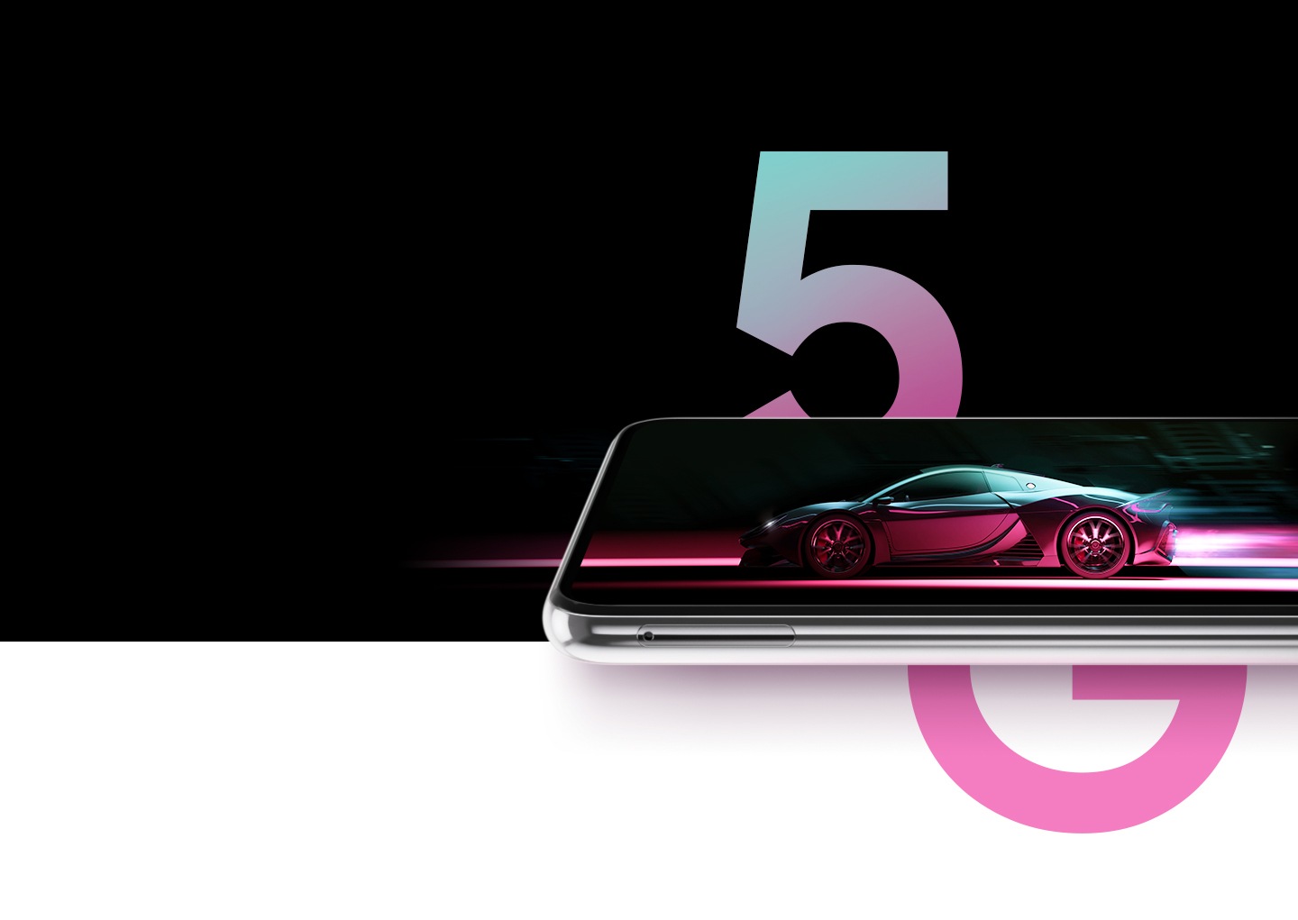 A Galaxy M54 5G in landscape mode shows a sportscar racing by, leaving neon purple light trailing behind. Above the device is a large '5' and below the device is a large 'G'.