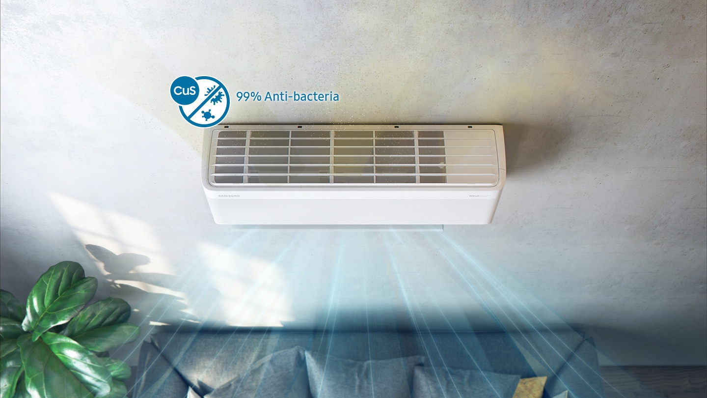 Shows the Copper Anti-bacterial Filter on the top of the air conditioner helps eliminate up to 99% of airborne bacteria with CuS.