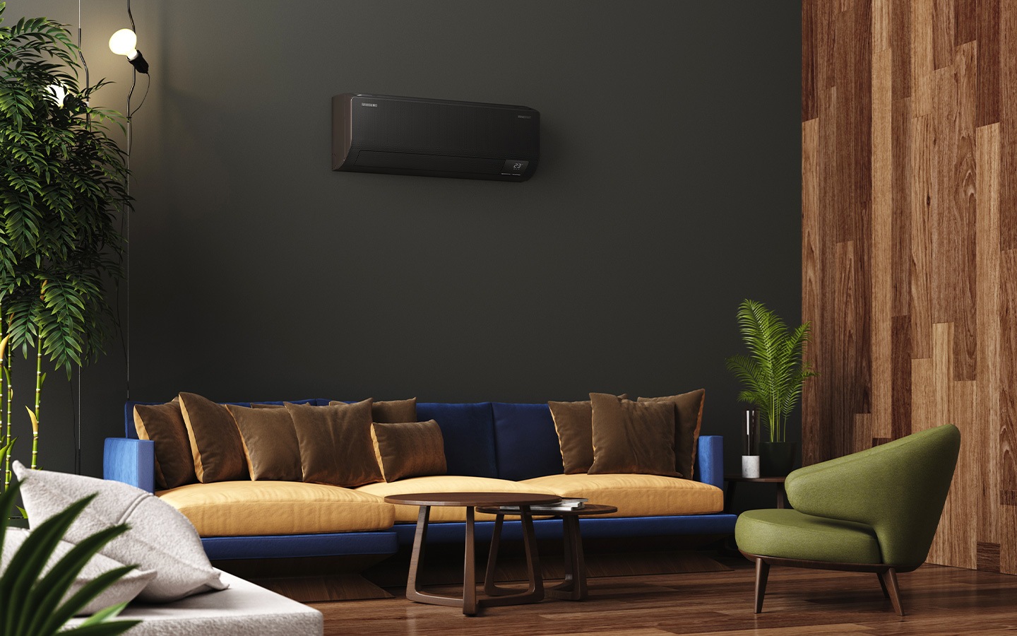 Shows a living modern room with subtle lighting and subdued colors. The deep dark color of the “WindFree™ The BLACK” air conditioner mounted on the wall means that it blends in harmoniously.