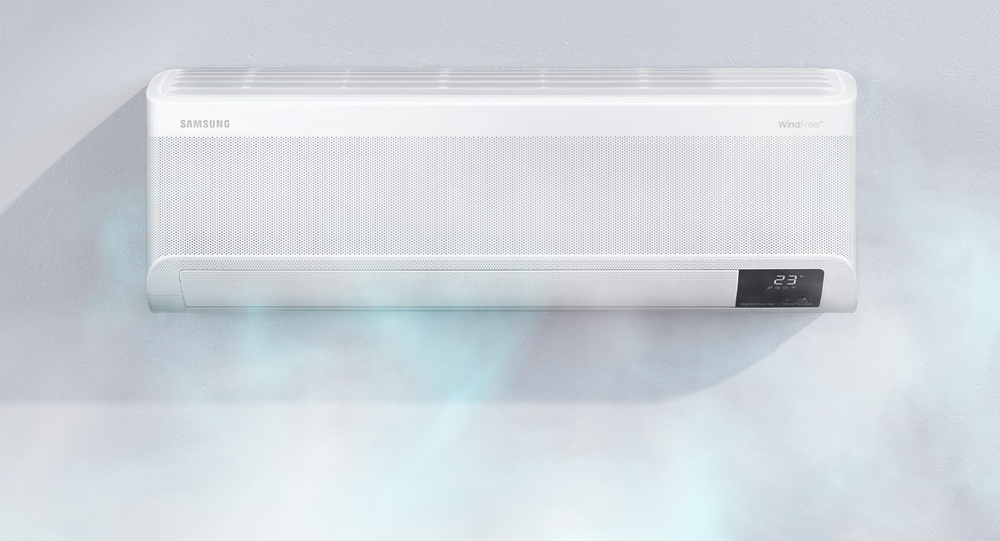 Shows a wall-mounted air conditioner gently and quietly dispersing cool air through WindFree™ Cooling.