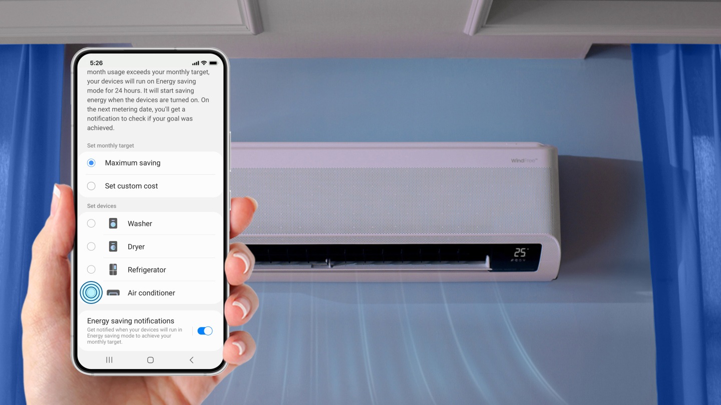 It shows how to select AI Auto mode on the remote control. It then shows how to turn the AI Energy mode on/off, set a monthly saving target, and select the devices to control. It shows a wall-mounted air conditioner working in a living room and the text says "Up to 20% energy saving with AI".