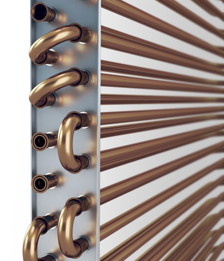 Shows the corrosion-resistant coated copper tubes of the durable DuraFin+ condenser.