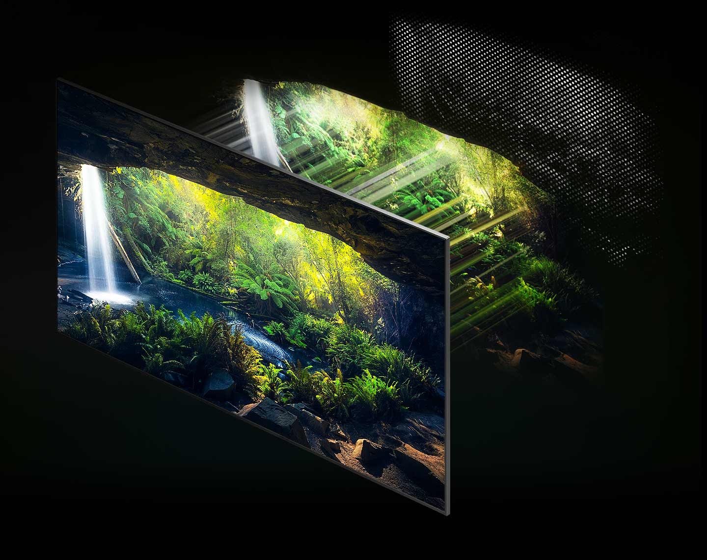 A beautiful forest screen seen from inside a cave is displayed very clearly through Quantum Mini LEDs in the back that are accurately controlling light.