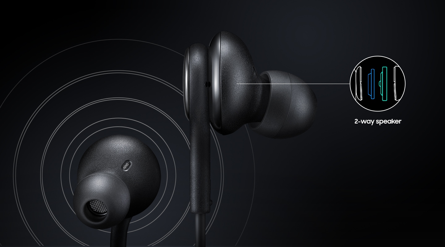 Tips of the Samsung 3.5mm earphones are visible with circular waves in the black background. In the upper right corner is a diagram showing internal structure of a 2-way speaker.