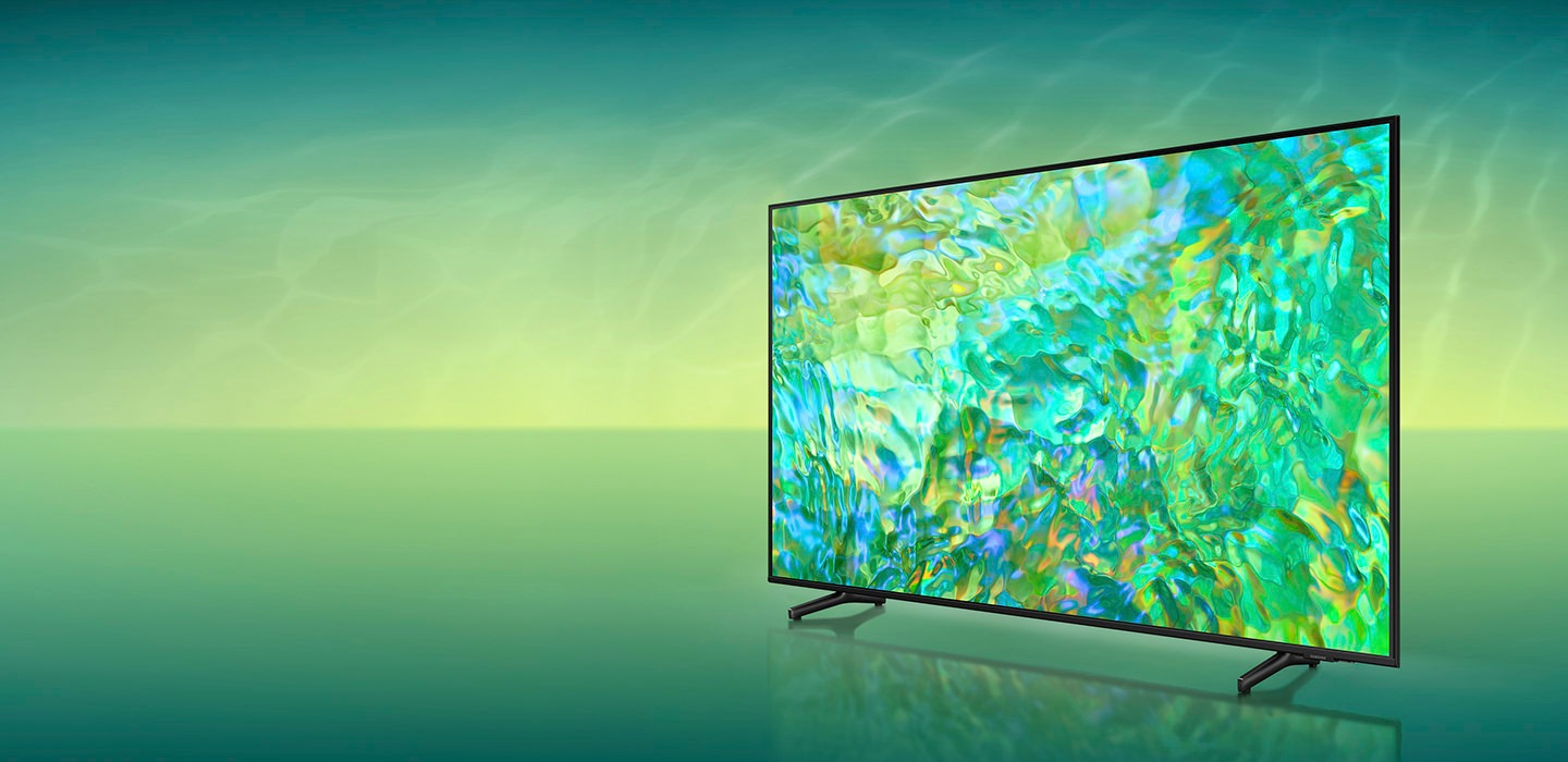 A Crystal UHD TV is displaying a very colorful graphic on its screen.