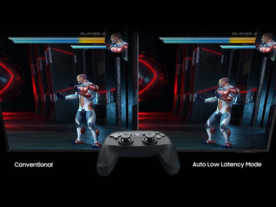 The gameplay screen of a fighting game is divided into two for comparison purposes. The word 'Conventional' is shown under the left where the player's character takes damage. The word 'Auto Low Latency Mode' is shown under the lag-free image on the right, where the same player avoids the attack.