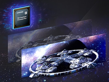 Two screens along with the Samsung Neo Quantum Processor Pro square chip label are shown, all floating and angled to the right. The chip is on the top left with a glowing blue and purple light surrounding it. The closest screen on the bottom right shows a space scene with a circular spaceship with a star-shaped interior floating in front of a planet and protruding off the screen slightly.