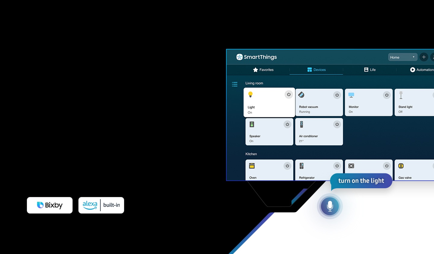 A screen shows the SmartThings app with panels for connected IoT devices around the home. As a message "turn on the light" comes out from the microphone icon, the panel for Light is highlighted. Around the screen, there's "Bixby" and "Alexa built-in" icon are located.