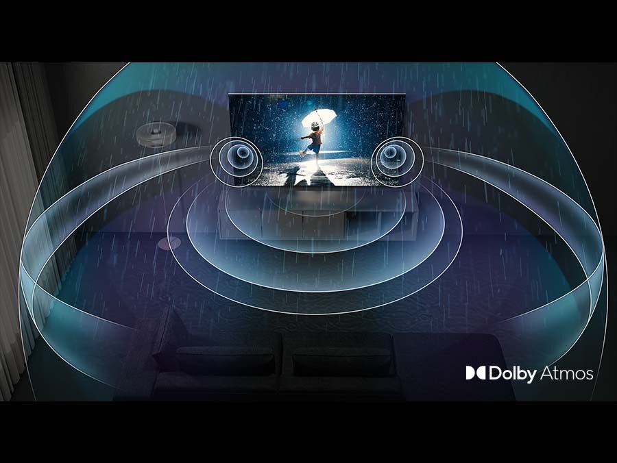 A QLED TV is showing a child playing in the rain. Surround sound emitted from Dolby Atmos is filling the room.