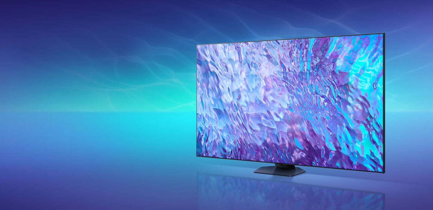 A Neo QLED TV is displaying purple graphic on its screen