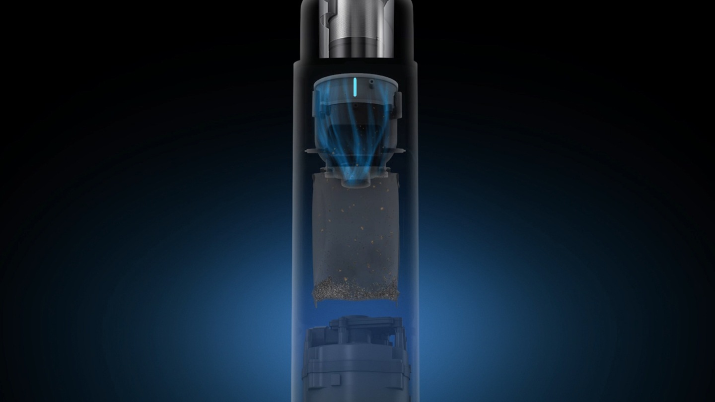 The inside of the product looks transparent. Air enters the top of the product and passes through the micro bag and air pulses. Zooming out, dust from the dust bucket is being sucked into the product and accumulating in the micro bag.