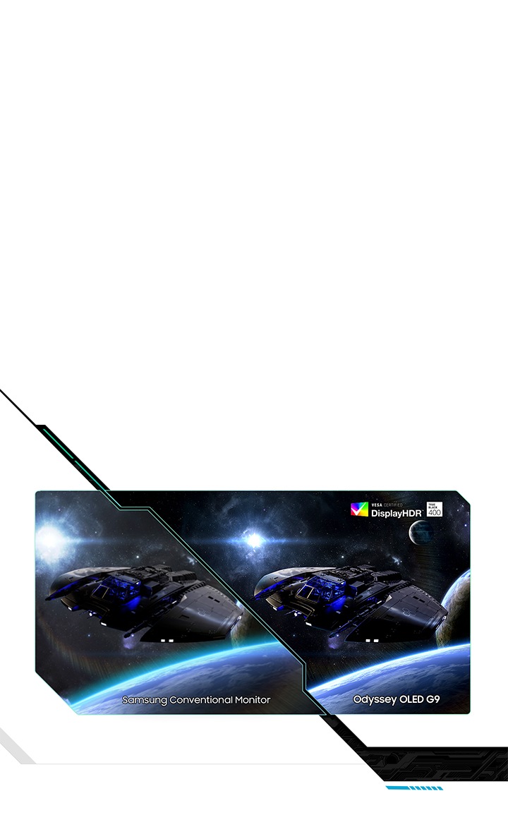 A split screen shows the same spaceship flying away from a planet, a moon and a star. On the left, text reads “Samsung Conventional Monitor” and on the right, “Odyssey OLED G9.” Text on the right side reads “VESA Certified Display HDR True Black 400.” The right side shows deeper blacks and brighter whites with details.