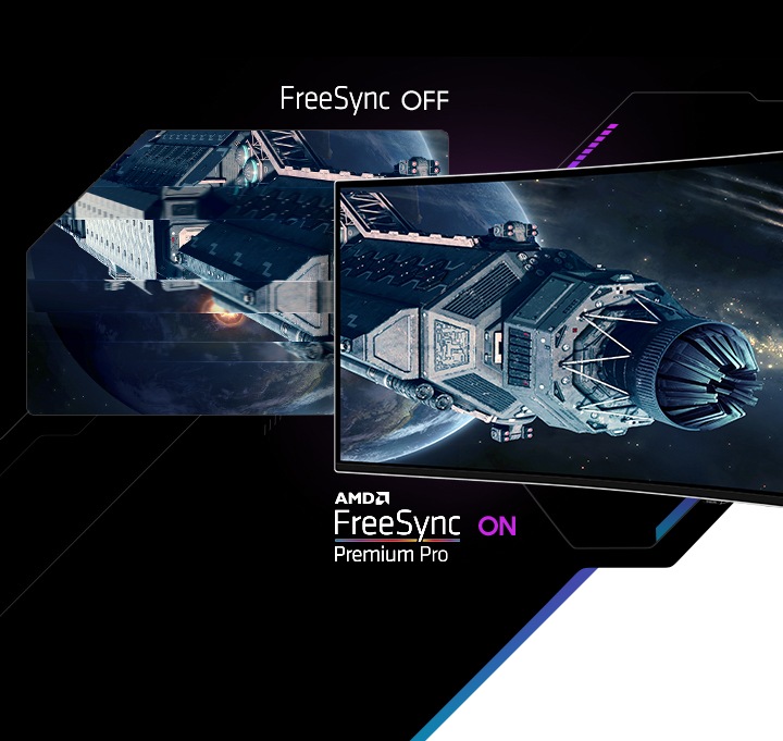 A space docking station is shown in front of a planet on two screens. The spacecraft on the left screen is blurred with the text “FreeSync OFF” underneath, and the right is sharp and clear with the text “AMD FreeSync Premium Pro ON” underneath.