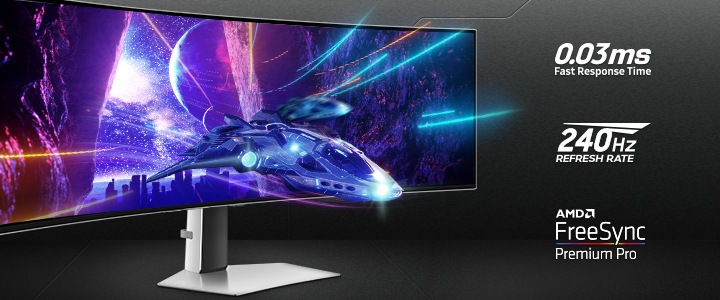An Odyssey monitor is shown standing on a surface with a spaceship flying away from a nighttime city scene, through a cave, and off the screen. The text around the monitor communicates the specs: “0.03ms GTG fast response time, 240Hz refresh rate, and AMD FreeSync Premium Pro”.