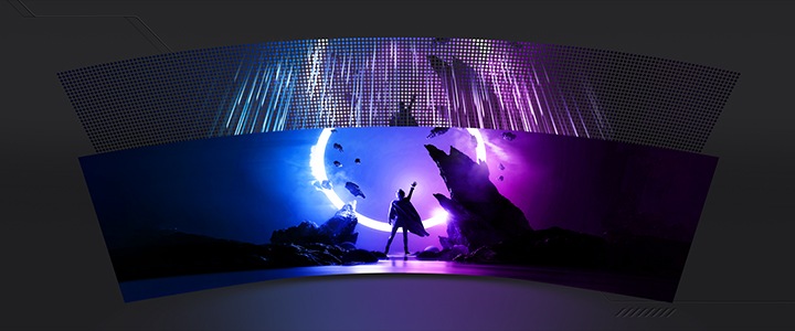 A curved panel is shown with multi-colored light beams trailing behind, showing a man in between large rocks, looking at an eclipsing moon.