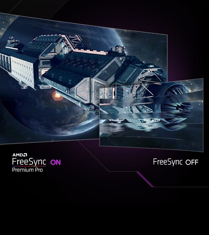 A space docking station is shown in front of a planet on two screens. The spacecraft on the right screen is blurred with the text “FreeSync OFF” underneath, and the left is sharp and clear with the text “AMD FreeSync Premium Pro ON” underneath.