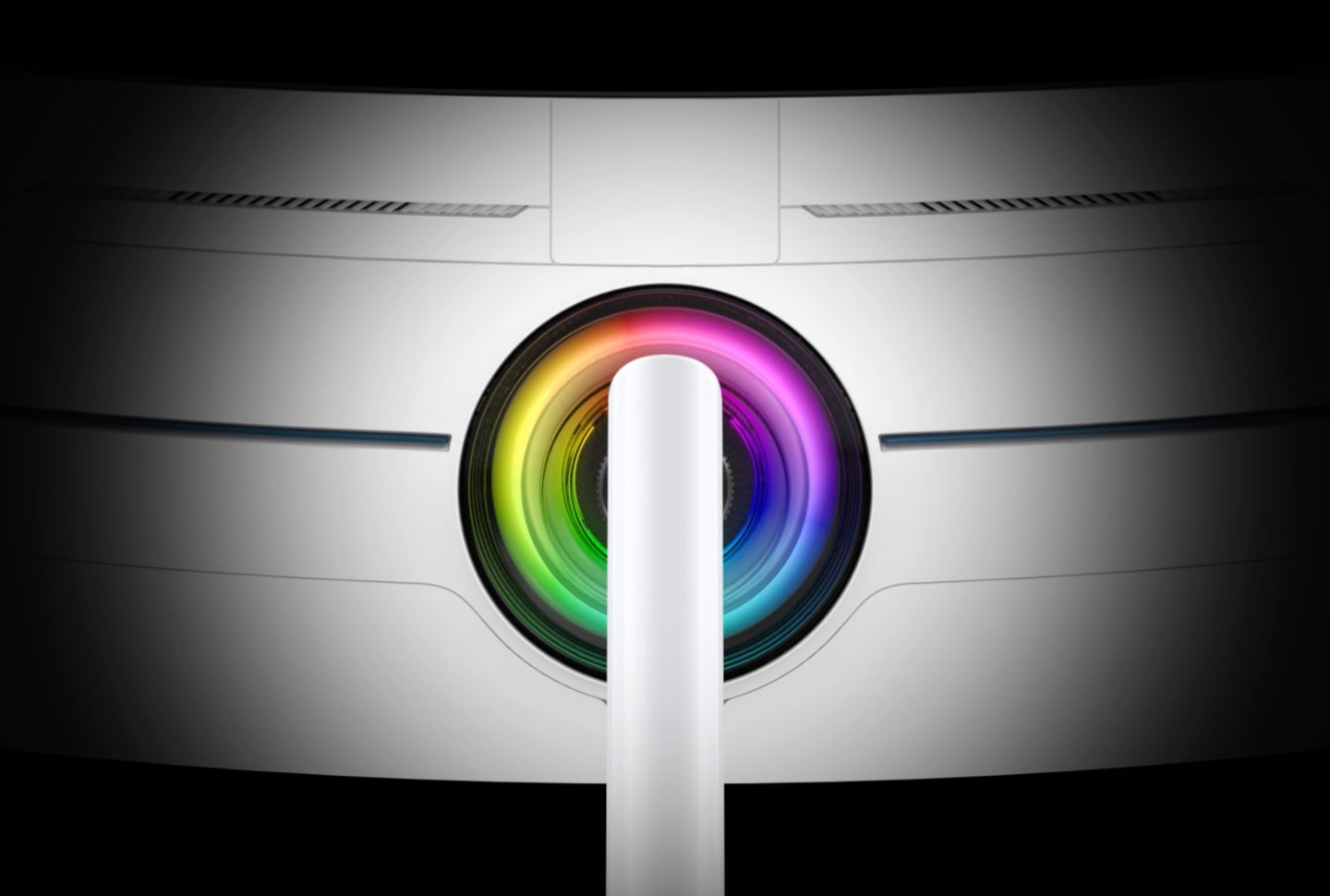 A closeup of the back of an Odyssey monitor is shown and a rainbow ring of lighting rotating clockwise.