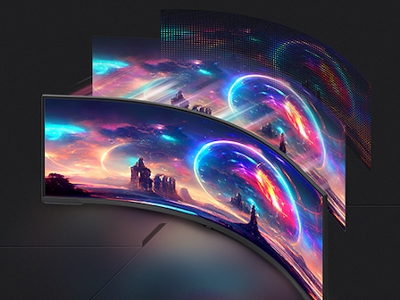 On the curved monitor, a scene of an alien desert landscape is seen with another planet in the skyline. Behind the monitor are two more versions of the image on the screen, with the back version showing the image in a grid where the monitor's LEDs light the screen.