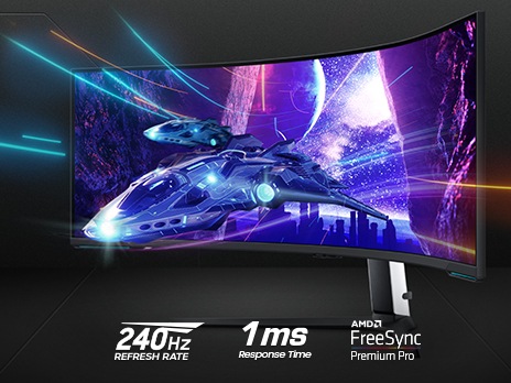 An Odyssey monitor is shown standing on a surface with a spaceship flying away from a nighttime city scene, through a cave, and off the screen. The text around the monitor communicates the specs: “1ms fast response time, 240Hz refresh rate, and AMD FreeSync Premium Pro”.