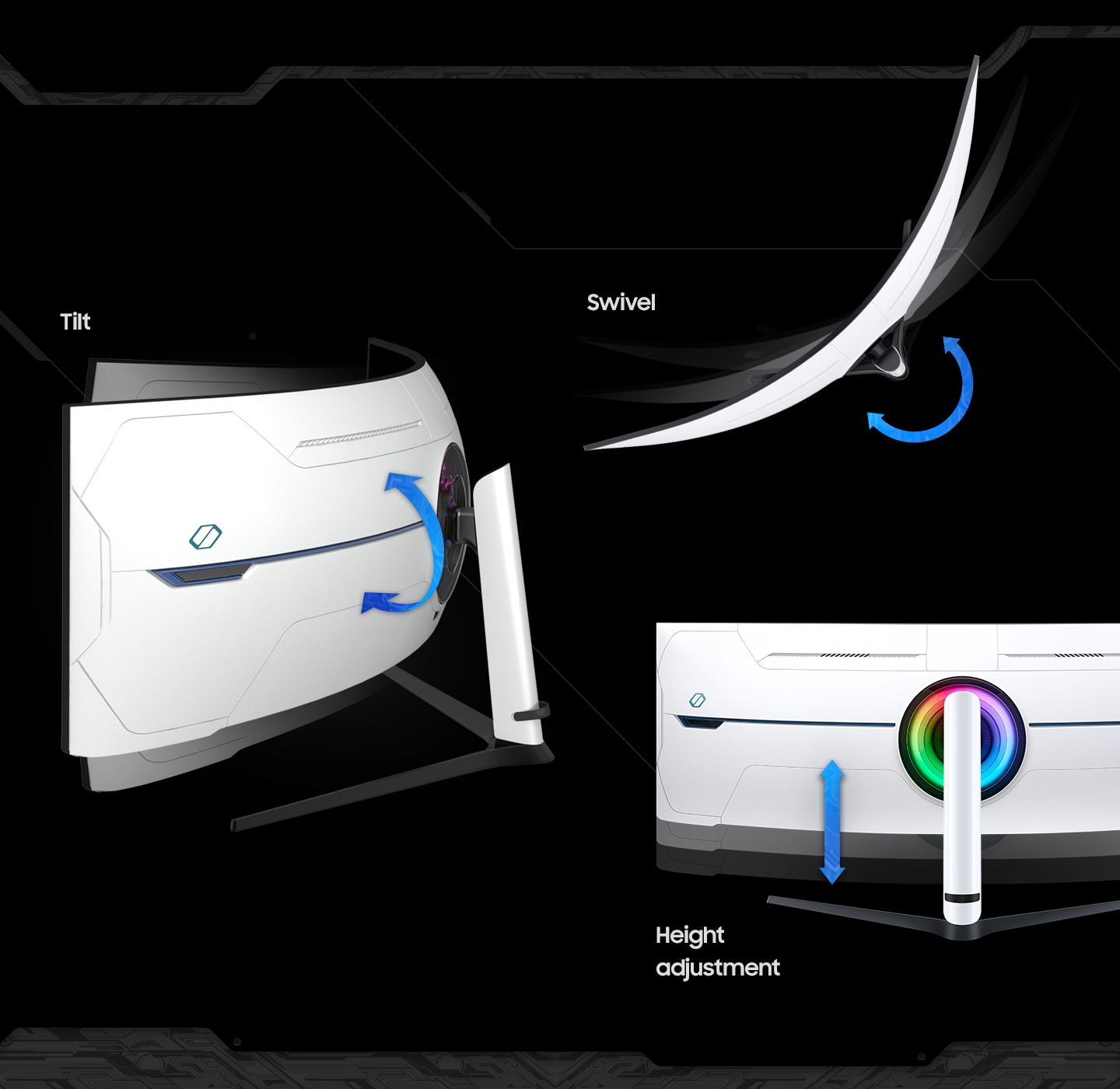 A monitor is seen three times from different angles. One view shows the monitor from the top down, while an arrow shows that the monitor rotates from left to right, with the word "Swivel." In a view from the back of the monitor, an arrow curves up and down with the word "Tilt." In a different view from the back of the monitor, arrows point straight up and down with the words "Height adjustment."