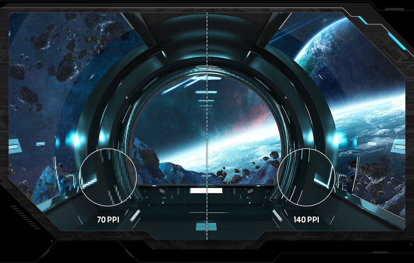 A single monitor is divided into two sections on its screen. Across both sections, a spaceship is flying through a group of asteroids, in orbit of a nearby planet, with one planet in the background. The left side of the screen is pixelated, with a circle zooming into a further pixelated section labeled "70 PPI." The right side of the screen is clearly rendered, with a circle zoomed into a crisp section of the image labeled "140 PPI."