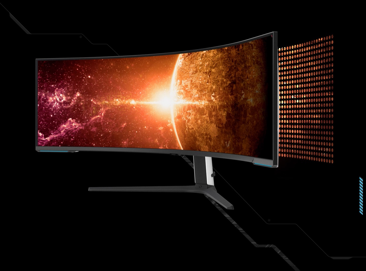 A monitor is divided into two sections to compare the amount of dimming zones between Edge LED and Quantum Mini-LED. On the left side, it reads "Edge LED" and the screen is divided into sections horizontally, saying "10 Local dimming zone." The right side reads "Quantum Mini-LED" and shows the screen with many dots throuhgout the screen, reading "2392 Local dimming zone." The dimming zones light up.The Odyssey Neo G9 turns 45 degrees and shows a horizon lit by a star from behind the planet, and space off to the left of the planet. Dots emerge from behind the monitor and flow light into the monitor, to represent the Quantum Mini LEDs that light the screen.