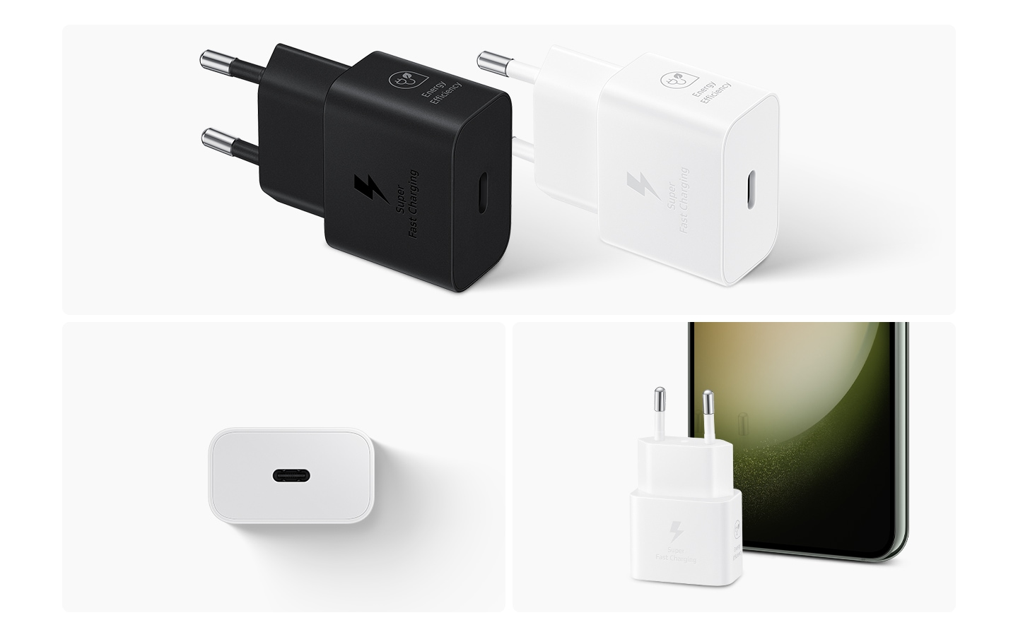 En la parte superior se muestran dos adaptadores de corriente, en blanco y negro.  En la parte inferior izquierda, un adaptador de corriente blanco muestra el lado con el puerto USB-C.  En la parte inferior derecha, se coloca un adaptador de corriente blanco frente a un teléfono inteligente Galaxy.