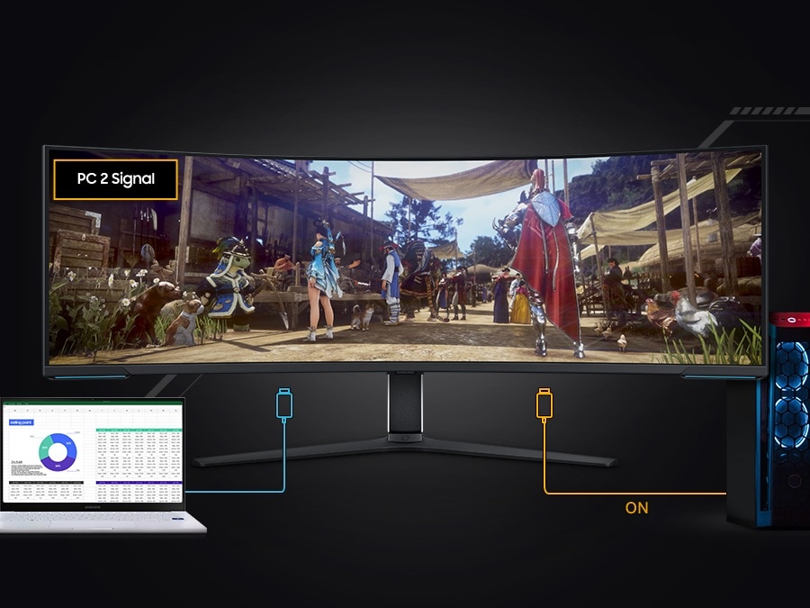 A monitor is shown alongside a laptop and a PC and the laptop's cable is running to the monitor, with PC 1 signal on the left upper side. But as the PC turns on, it changes the signal to PC's and displays the game scene from Black Desert, as the word PC 1 signal changes to PC 2 signal.