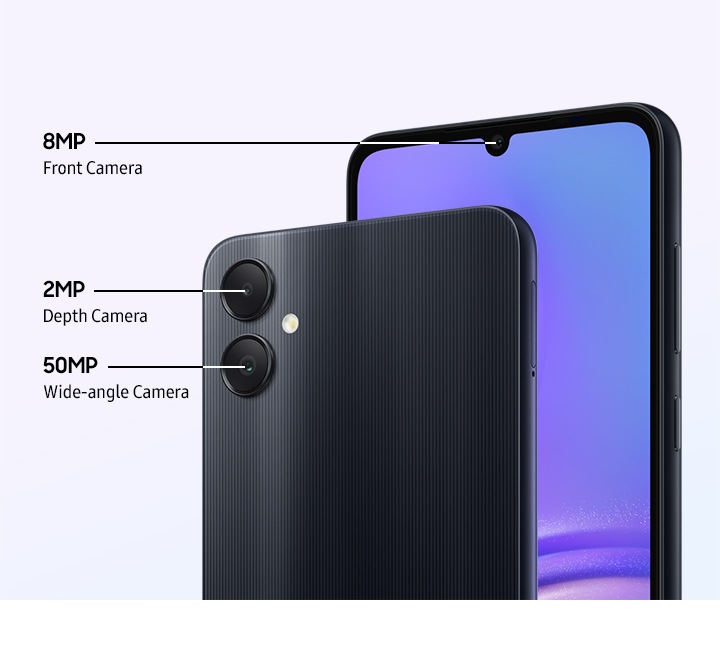 The front and back of the Galaxy A05 are shown to showcase its three multiple cameras including the 8MP Front Camera, the 2MP  Depth Camera and the 50MP Wide-angle Camera.