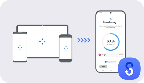 Various smartphones and tablets on the left are shown transferring data to a Galaxy smartphone on the right using Smart Switch. On-screen of the Galaxy smartphone shows the transfer progress at 63.8%.