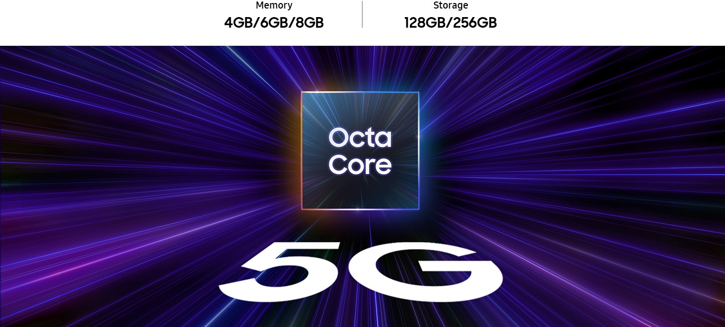 Le texte à l'intérieur d'un cube indique « Octa Core ».  En dessous, en lettres plus grandes, on lit « 5G ».  Les faisceaux de lumière se fondent tous au centre du cube.  Mémoire 4 Go/6 Go/8 Go, stockage 128 Go/256 Go.