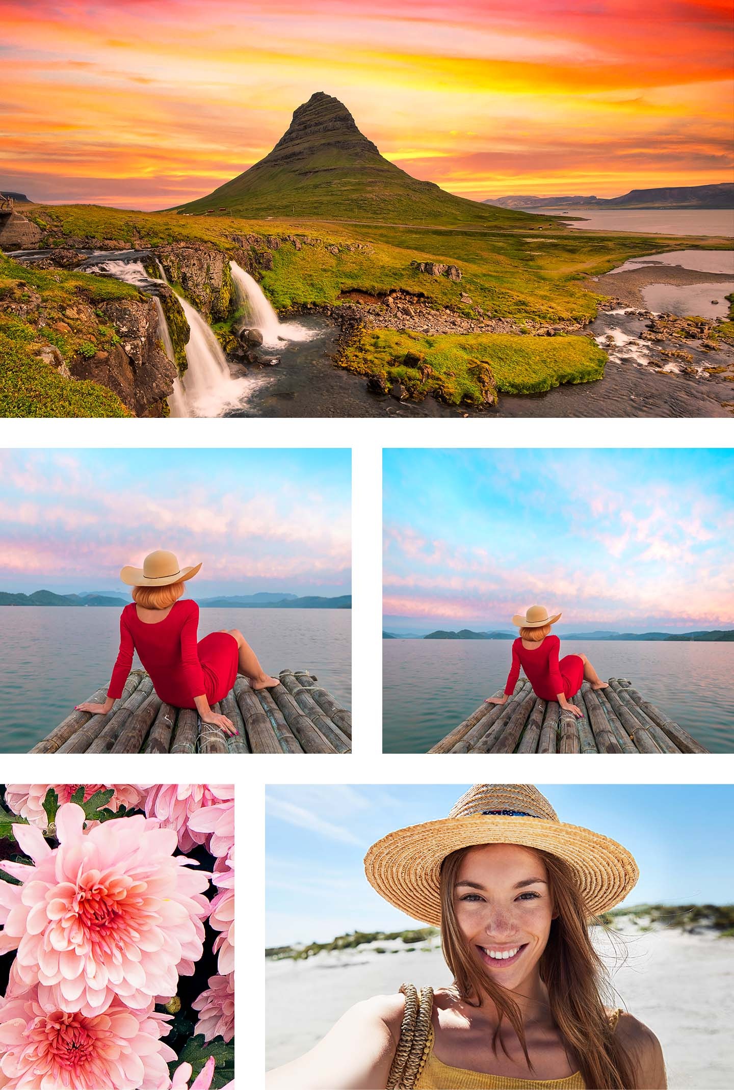 Cinq images sont présentées, chaque image mettant en évidence ce dont chaque caméra est capable. Un magnifique paysage de colline au coucher du soleil a été pris par la caméra principale 50MP. Le portrait d'une femme assise sur un quai au bord de l'eau, vêtue de rouge et retournée, est montré deux fois, une image montrant un angle plus large pour mettre en valeur l'appareil photo Ultra Wide 5MP. Une image détaillée d’une seule fleur rose a été prise par la caméra macro 2MP. Un selfie d'une femme à la plage a été pris par la caméra frontale 13MP.