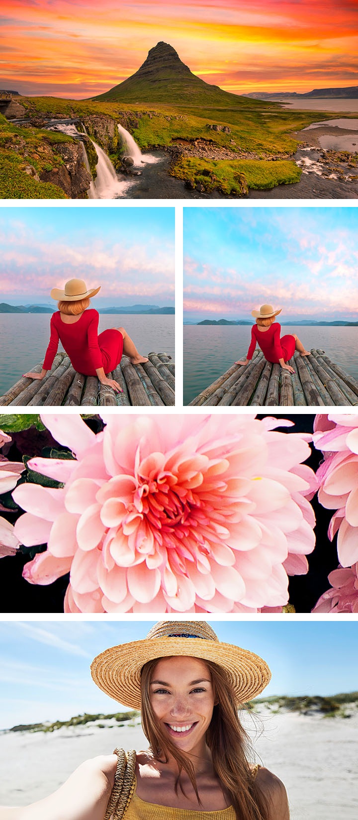 Five images are shown, each image highlighting what each camera is capable of. A beautiful landscape of a hill at sunset was taken by the 50MP Main camera. A portrait of a woman sitting at a dock by the waters, dressed in red and turned around, is shown twice with one image showing a wider angle to highlight the 5MP Ultra Wide camera. A detailed image of a single pink flower was taken by the 2MP Macro camera. A selfie of a woman at the beach was taken by the 13MP Front camera.