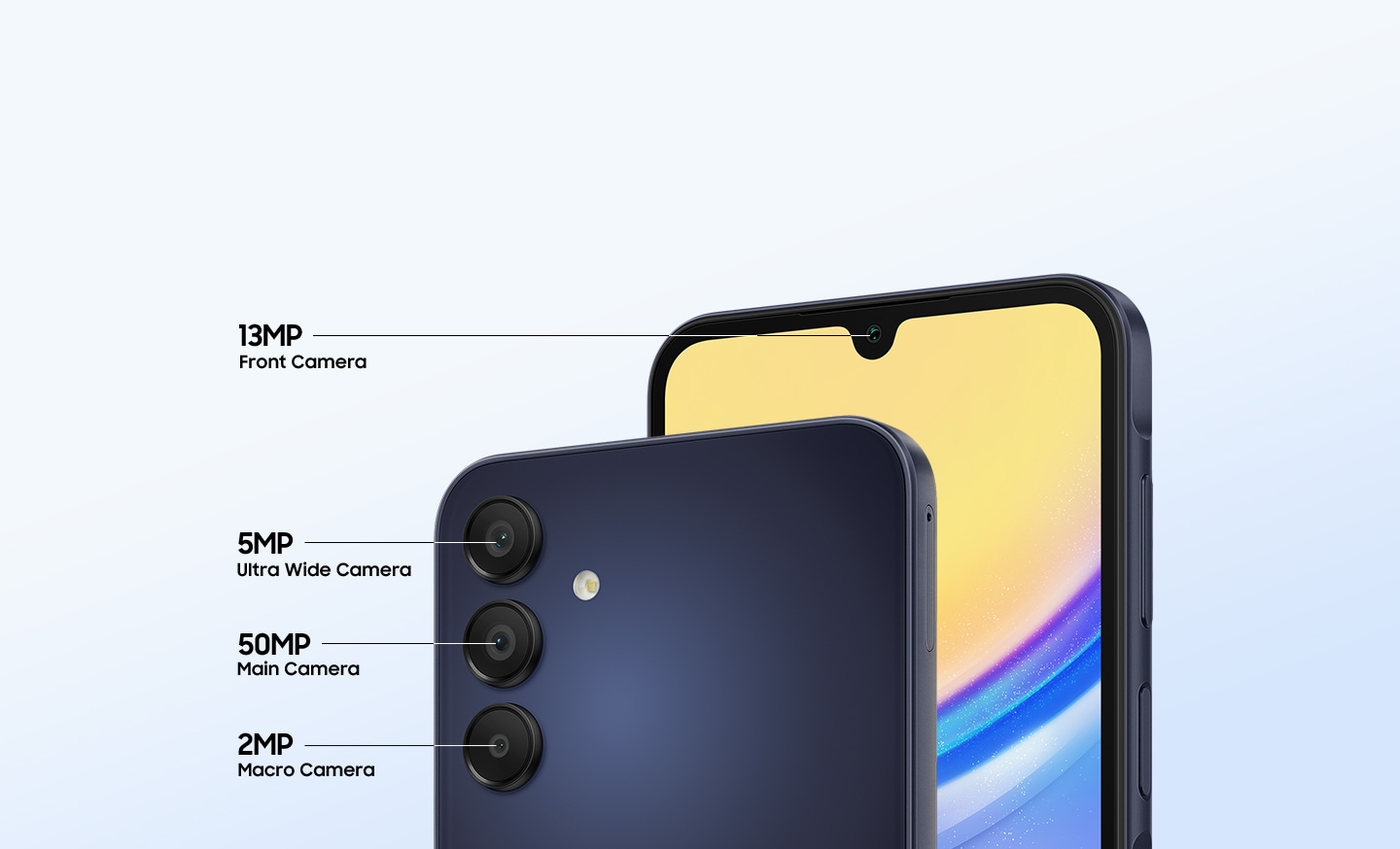 L'avant et l'arrière du Galaxy A15 5G présentent ses quatre caméras multiples, dont la caméra frontale de 13 MP, la caméra ultra large de 5 MP, la caméra principale de 50 MP et la caméra macro de 2 MP.