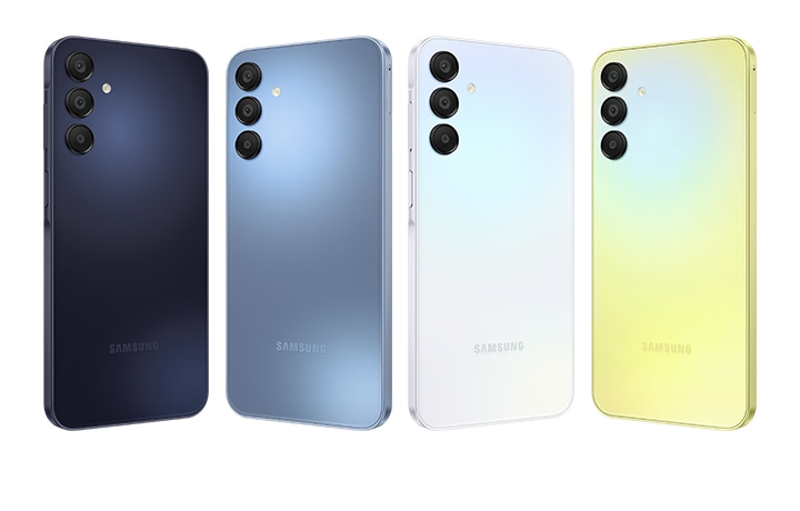 Four Galaxy A15 5G devices are shown with all of them showing their backsides. The devices colorways are, from left to right, Blue Black, Blue, Light Blue and Yellow.