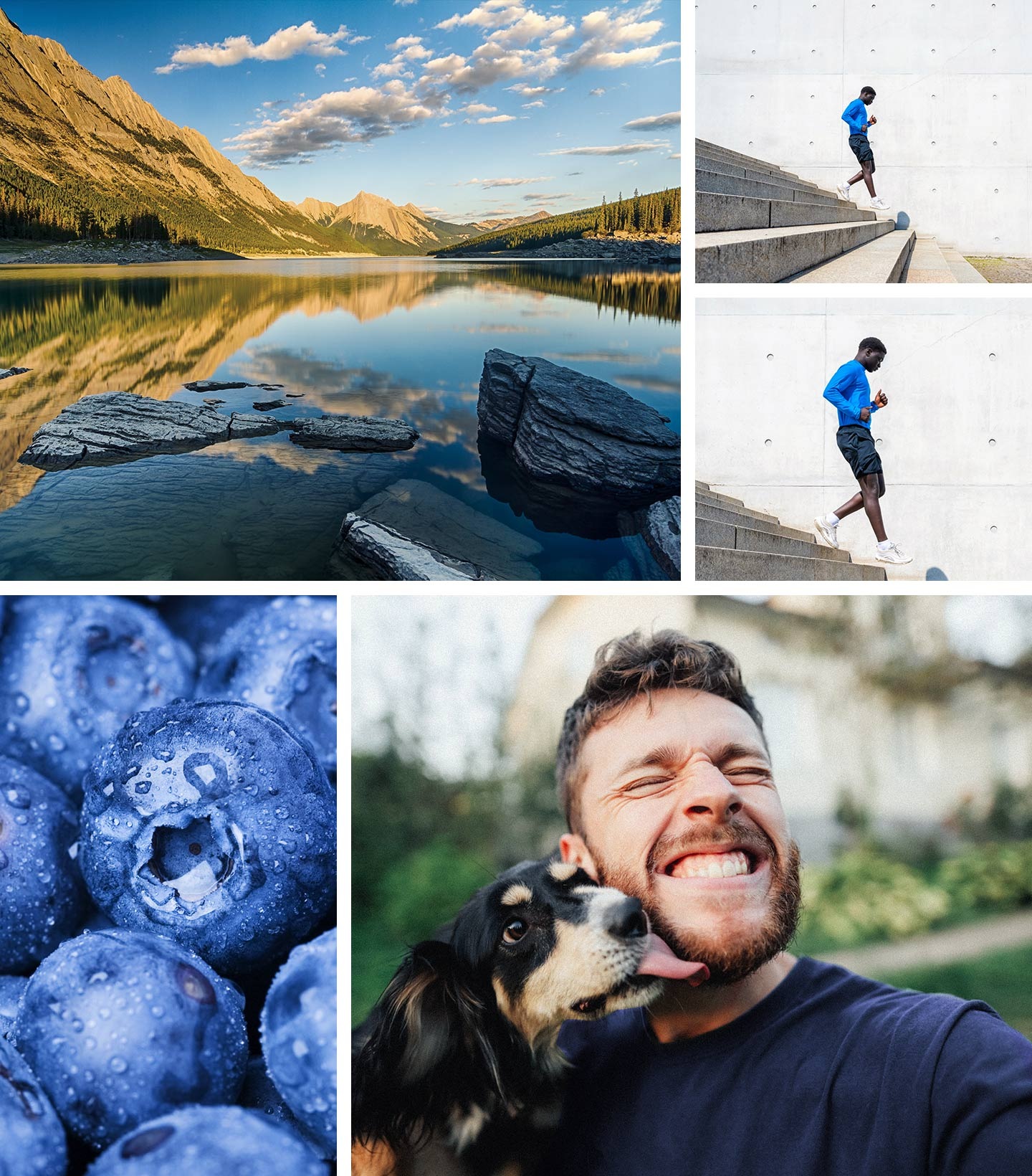 A beautiful landscape picture of a still lake in the foreground and mountains in the background are shown, to display the 50MP Wide-angle camera's scale. Two identical portraits of a man running down a flight of stairs, taken by the 5MP Ultra Wide camera, are shown with one showing a wide angle and the other showing a close-up on the man. A close-up shot of blueberries, taken by the 2MP Macro camera, is shown. A selfie taken by a man with a puppy licking his chin is shown, as taken by his 13MP Selfie camera.