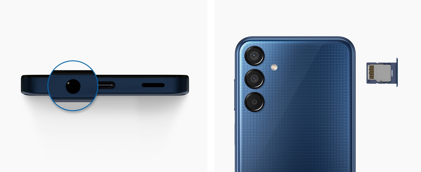 The bottom profile of the Galaxy M15 5G is shown with the 3.5mm earphone jack highlighted. Another Galaxy M15 5G in Dark Blue is showing its back cover with a microSD card slot taken out and placed next to it with a microSD external storage card inserted.