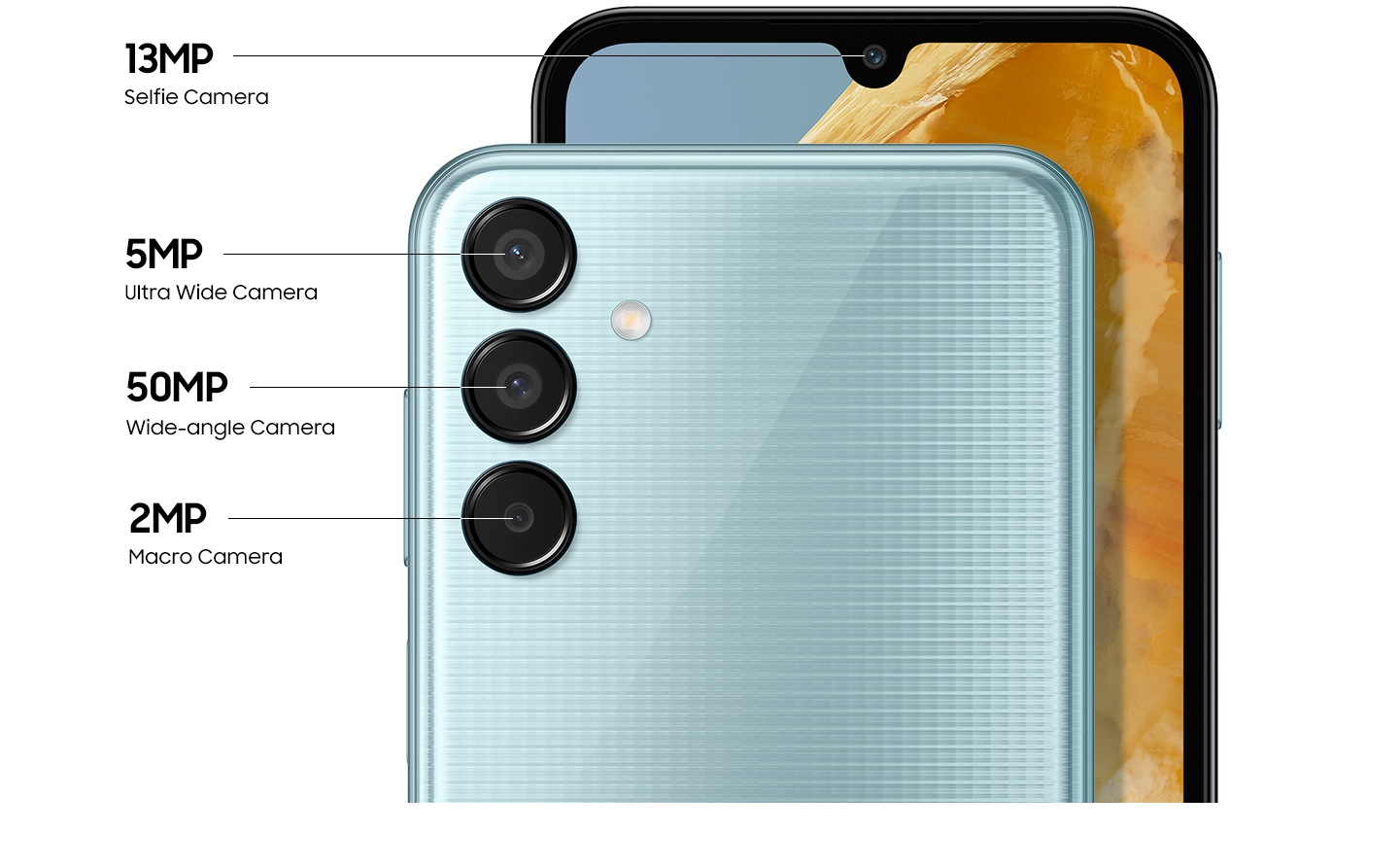 Two Galaxy M15 5G devices are shown, one showing the back cover and the other partially showing the front screen as well as the 13MP Selfie Camera. The device showing the rear camera layout shows, in the order of top to bottom in the layout, the 5MP Ultra Wide Camera, 50MP Wide-angle Camera and the 2MP Macro Camera.